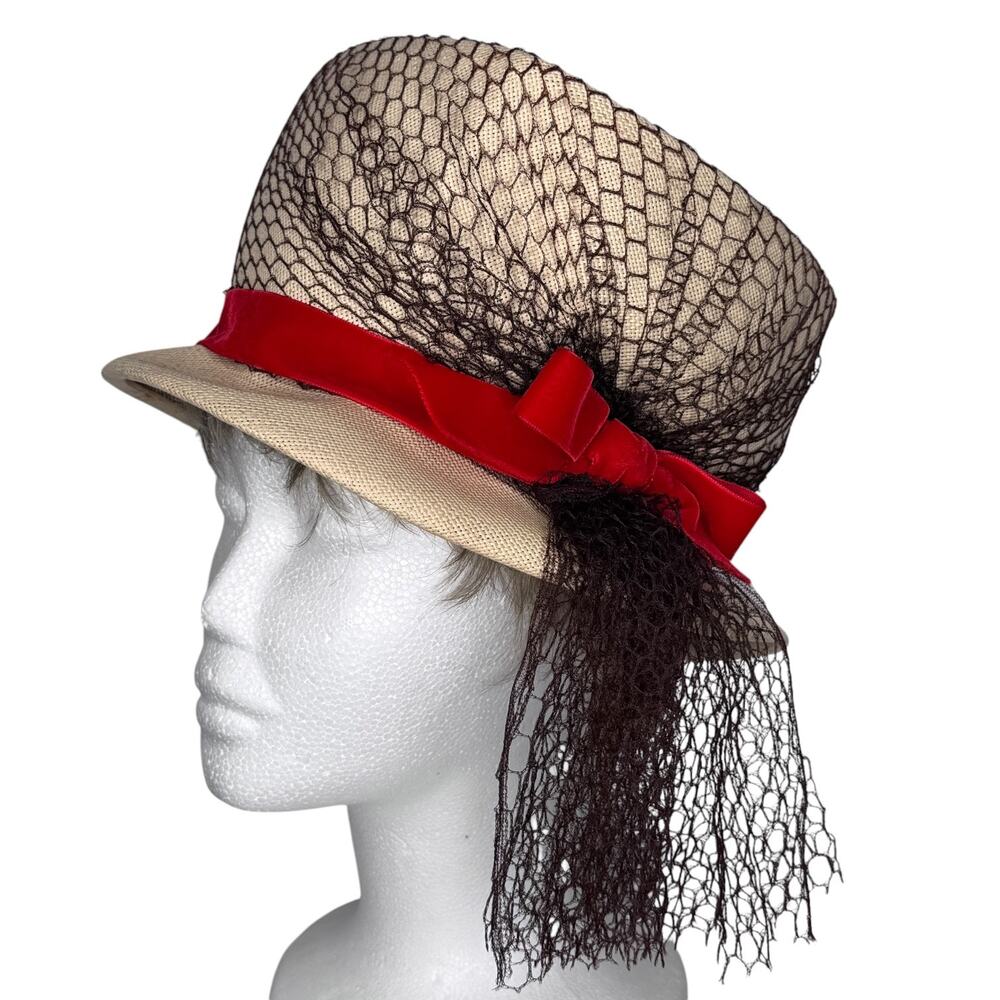 Vintage 1950s Biltmore Jean New York Square Crown Straw Hat Red Velvet Bow 22”